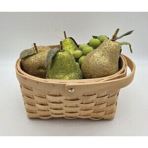 Vintage Sugared Fruit Lot 9 Pc Beaded Faux Pears Apples Grapes Woven Wood Baskt